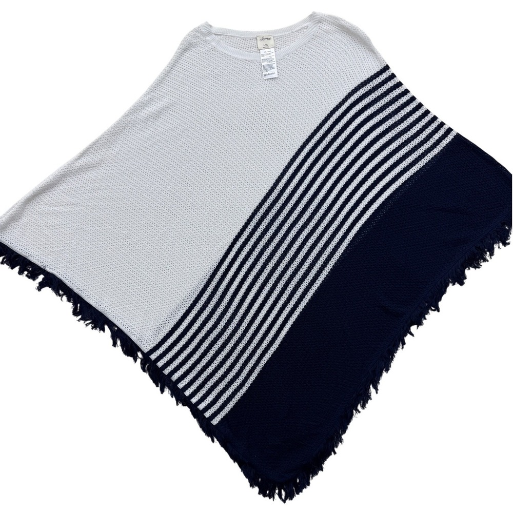 Soma Womens L/XL Large / X-Large Poncho Knit White Navy Stripes Fringe Boho
